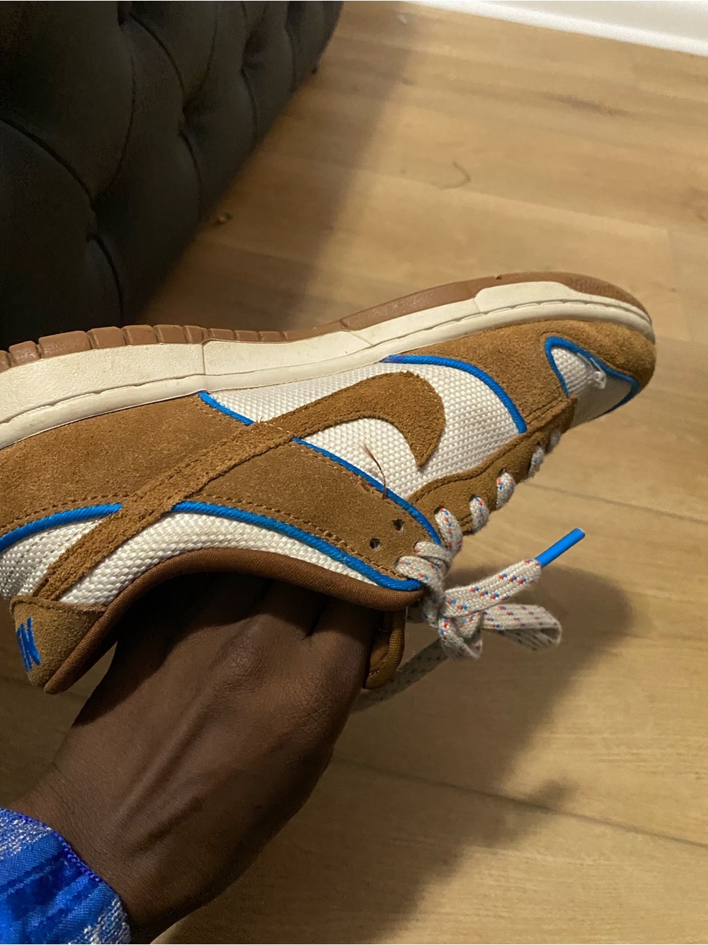 Nike Brown Suede & White Mesh Sneakers with Blue Trim